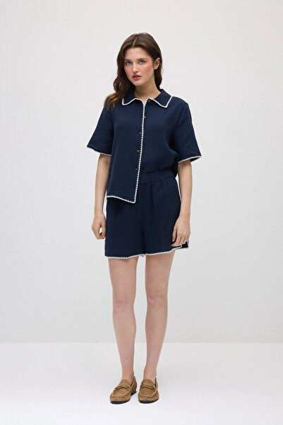 Gusto Pantaloni scurți din muselină brodată cu talie elastică bumbac - Bleumarin