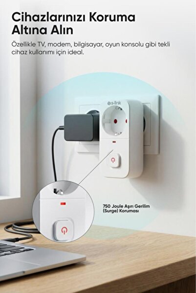 S-LINK SL-010 Bykalite 3lü Set 16A/250V 750 Joule Anahtarlı Isıya Duyarlı Devre ve Akım Korumalı Tek