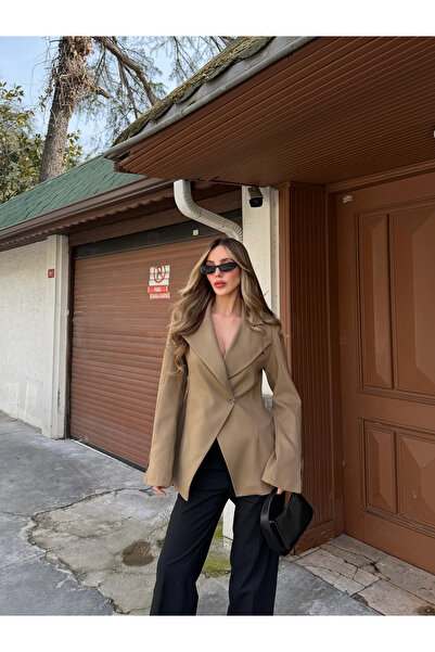 Laluvia Khaki Double-Breasted Single-Button Jacket - 7011