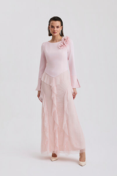 Dizayn Ella Çiçek Aplikeli Volan Detaylı Elbise- EL-4520