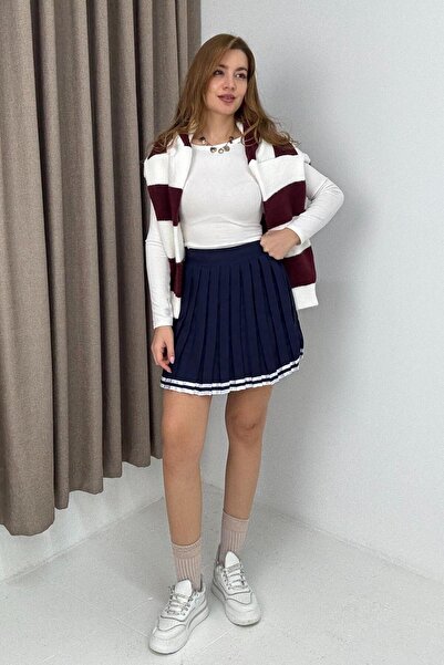 Raneel Kazançlı Alışveriş Kadın Pileli Kolej Mini Etek Lacivert