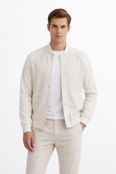 Eight Fashion Men's Ecru Snap Fastener Modern Bomber Jacket