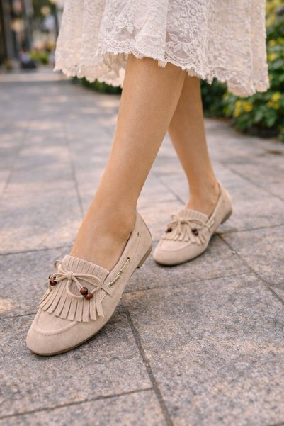 FLARF Avello Brown Suede Bead Detailed Tasseled Lace-Up Loafers Ballet Flats Casual Shoes