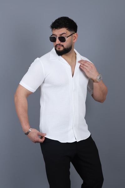 L-KOM Men's Mars Crepe Fabric Short Sleeve Open Collar Summer Shirt