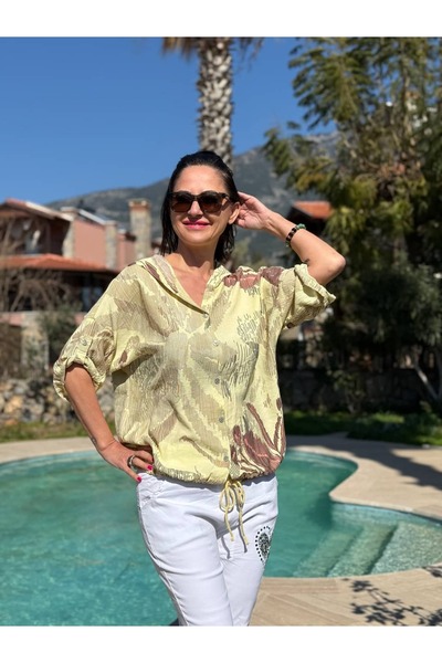 Punta Otantik Yg22570 Italian Belden B Tie-Detail Hooded V Viscose Shirt Yellow