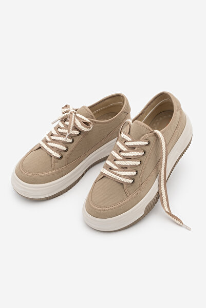 Marjin Kadın Sneaker Yüksek Taban Bağcıklı Bez Spor Ayakkabı Kotnel Vizon Keten