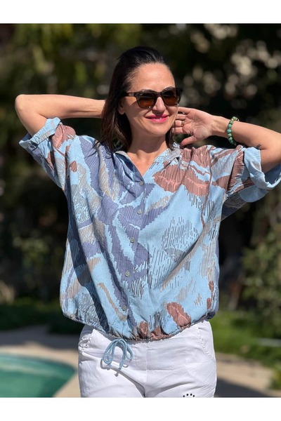 Punta Otantik Yg22570 Italian Belden B Tie-Detail Hooded V Viscose Shirt Blue