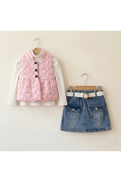 Bellarose Kız Çocuk Bayramlık Pembe Kapitone Yelekli Kot Etek Takım 2-5 Yaş