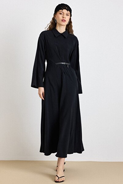Olcay Premium Fabric Flared Dress with Belt Accessories Black 9423-E