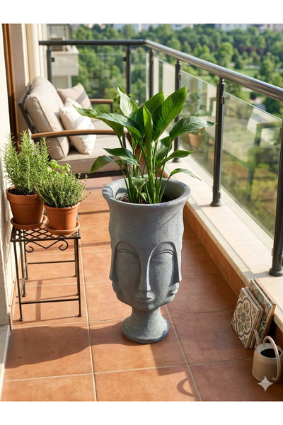 Yades : Modern Antik Yüz Tasarımlı Gri Fiberglas Büyük Boy Saksı - Bahçe Balk...
