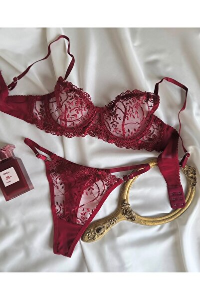 RUYAZ TEKSTİL Lace Pcs Burgundy Bra Set Lingerie Set Large and Small Sizes