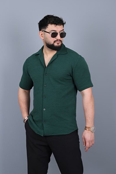 L-KOM Men's Mars Crepe Fabric Short Sleeve Open Collar Summer Shirt
