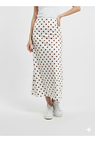 Green'DAL Kadın Kahve Puantiyeli Midi Boy Yüksek Bel Günlük Şık Etek