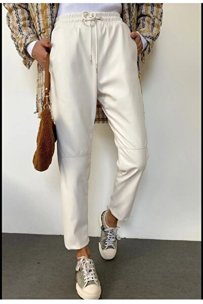 DISHI FASHİON White Leather Trousers with Elastic Waistband and Stripes