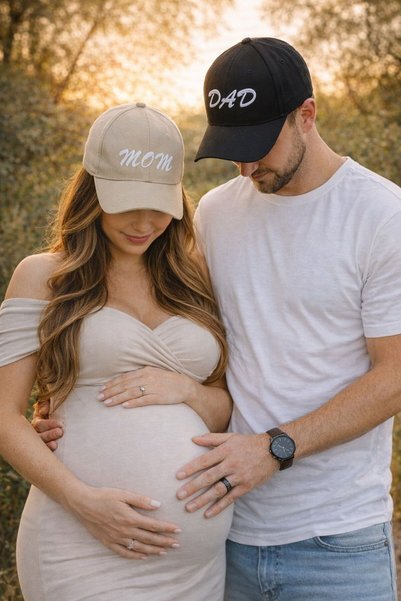 sf collection MOM & DAD Baskılı Siyah-Krem 2’li Çift Kombin Şapka