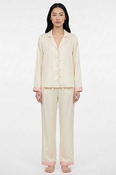 Laperissa Ecru Piped Viscose Woven Pajama Set