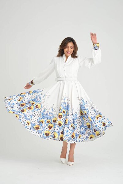 Abad فستان تركي انيق مزين بحواف من الورد