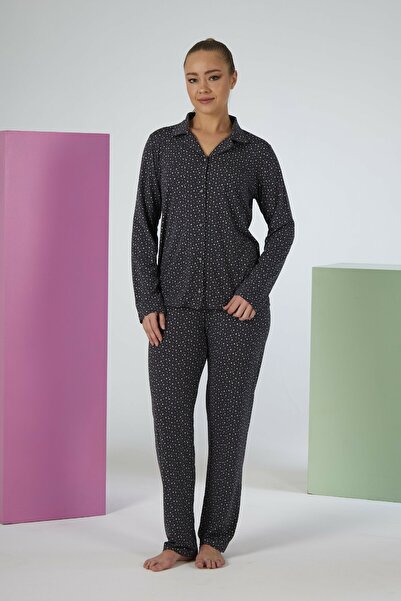 Estiva Women's Yıldız Patterned Navy Blue Button-Front Soft Pajama Set