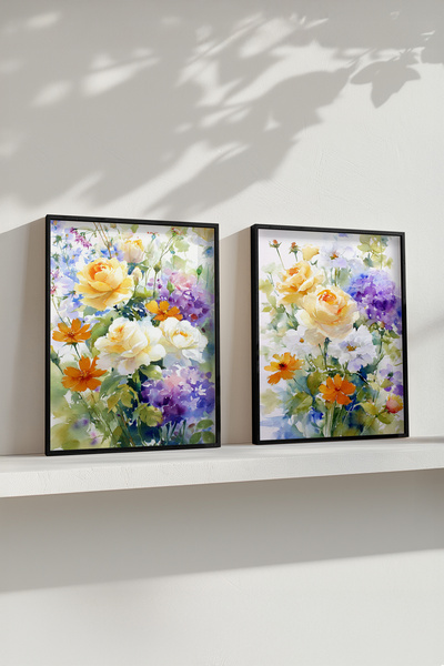 STARYUNA Set de pictură cu două piese în stil acuarelă, cu cadru din lemn neg...