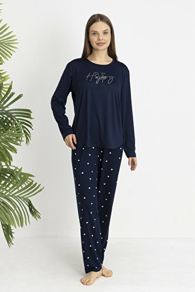 Estiva Women's Heart Bottom Patterned Soft Long Sleeve Pajama Set