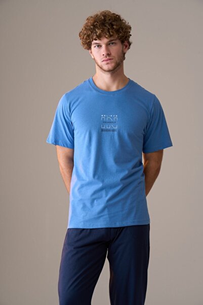 PİJAPİA Men's Short Sleeve 100% Cotton Pajama Set Blue
