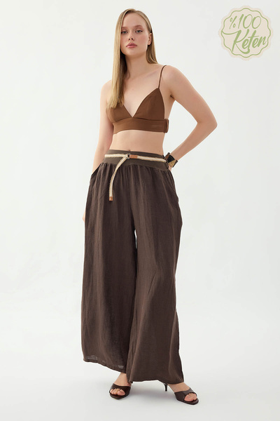 Vitrin 100% Linen Halat Belt Wide Leg Pants