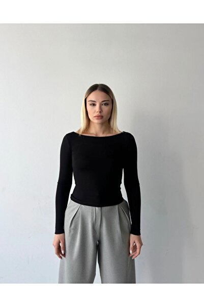 Vinales بلوزة نسائية برقبة قارب بخليط الكشمير - أسود