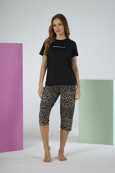 Estiva Women's Kaplan Alt Patterned Black Short Sleeve Capri Soft Pajamas Set