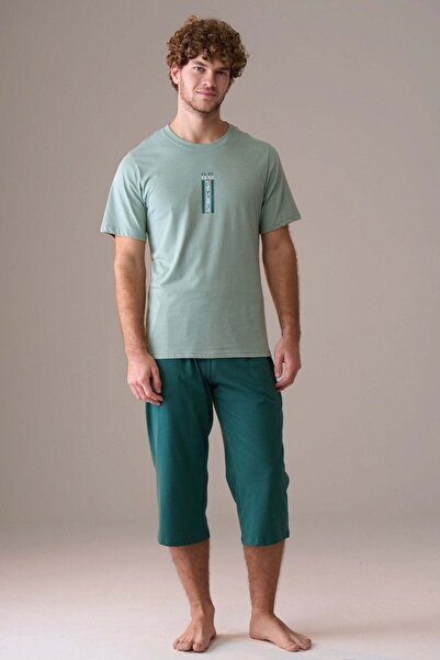 PİJAPİA Men's Short Sleeve 100% Cotton Capri Pajama Set Light Green