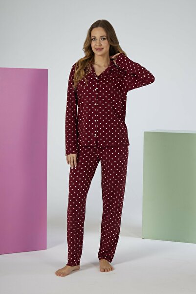 Estiva Women's Polka Dot Piece Claret Red Button-Front Soft Pajama Set