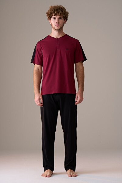 PİJAPİA Men's Short Sleeve 100% Cotton Plus Size Pajama Set Claret Red