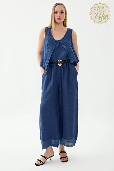 Vitrin 100% Linen Elastic Waist Mesh Trousers