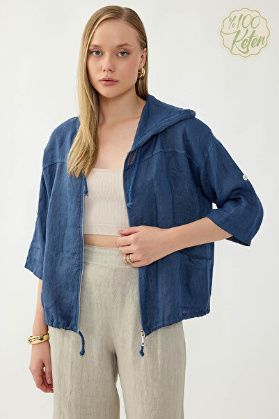 Vitrin سترة بسحّاب 100% كتان بغطاء رأس