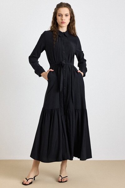 Olcay Ribbed Detailed Skirt with Ruffles Soft Fabric Dress Black 9441-E