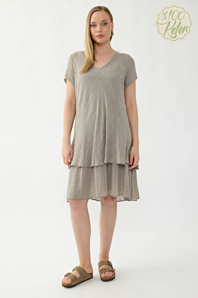 Vitrin 100% Linen V-Neck Short-Sleeved Dress