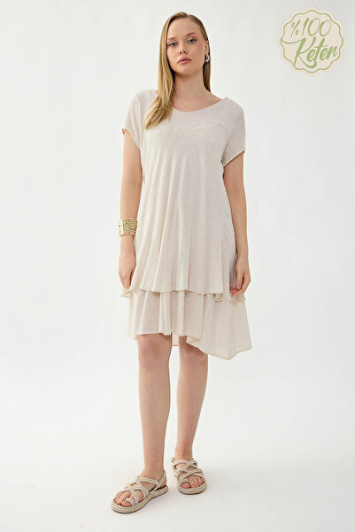 Vitrin 100% Linen V-Neck Short-Sleeved Dress