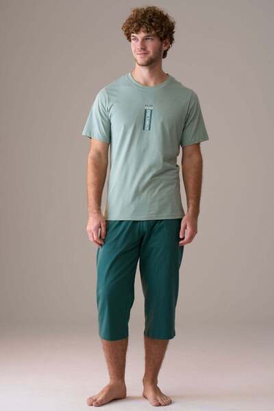 PİJAPİA Men's Short Sleeve 100% Cotton Large Size Capri Pajamas Set Light Green