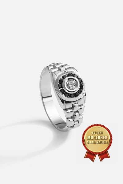 MEKS JEWELS Mikron Altın Kaplama 925 Ayar Gümüş Oniks Taşlı Erkek Yüzüğü