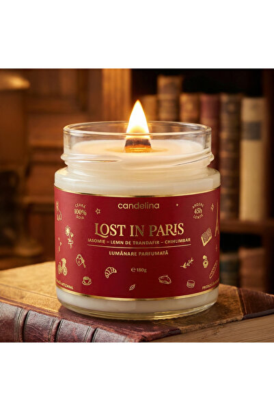 Candelina Lumanare parfumata soia cu fitil lemn, LOST IN PARIS, Iasomie, Lemn...