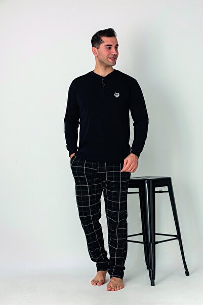 Estiva Men's Checked Alt Patterned Black Long Sleeve Combed Cotton Pajama Set