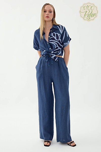 Vitrin 100% Linen Beli İp B Tie-Detail Wide Leg Pants