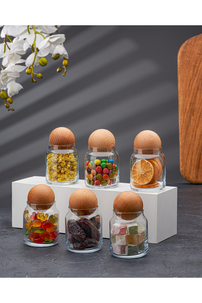 Empressco 6-Piece Glass Jar Set with Wooden Ball Lid Sugar Bowl Snack Bowl Sp...