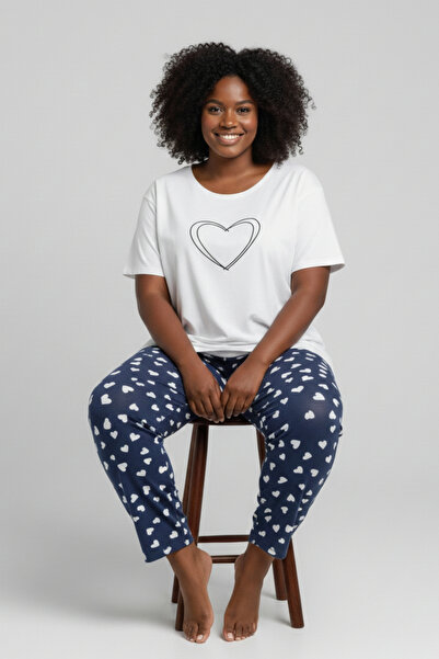 İPEKTENİM Kalp Baskılı Kısa Kollu Büyük Beden Pijama Takımı