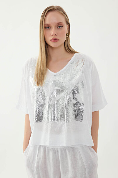 Vitrin Front Floral Printed Short Sleeve Linen Blouse