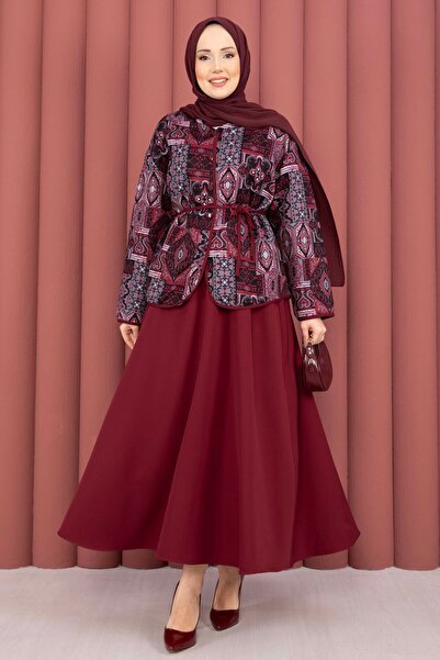 EBRUTESETTÜR Ethnic Pattern Jacket & Skirt Set Burgundy