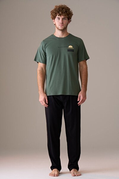 PİJAPİA Men's Short Sleeve 100% Cotton Pajama Set Green