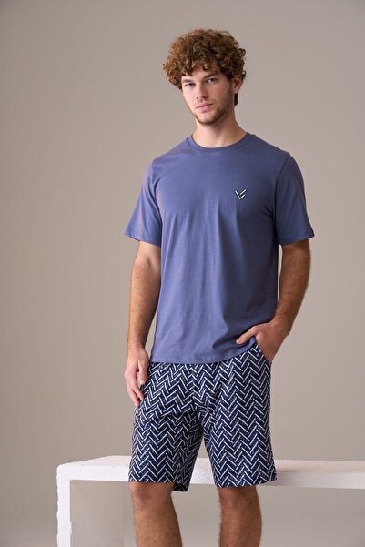 PİJAPİA Men's Short Sleeve 100% Cotton Shorts Pajama Set Petrol