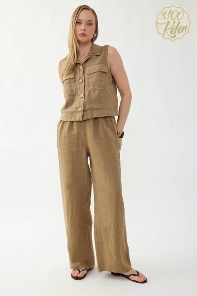 Vitrin 100% Linen Beli İp B Tie-Detail Wide Leg Pants