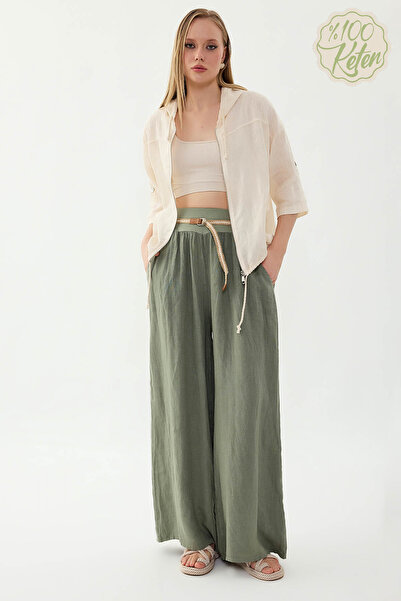 Vitrin 100% Linen Halat Belt Wide Leg Pants