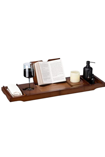 Navaris Extendable Bathtub Tray, Bamboo, 75–108 cm, Serving Tray with Book, T...